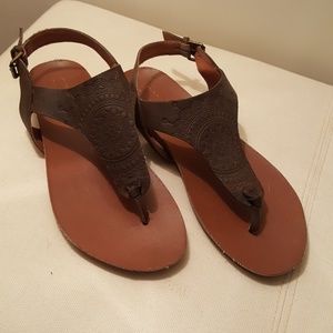 Embossed leather thong sandal w/ cork wedge sole